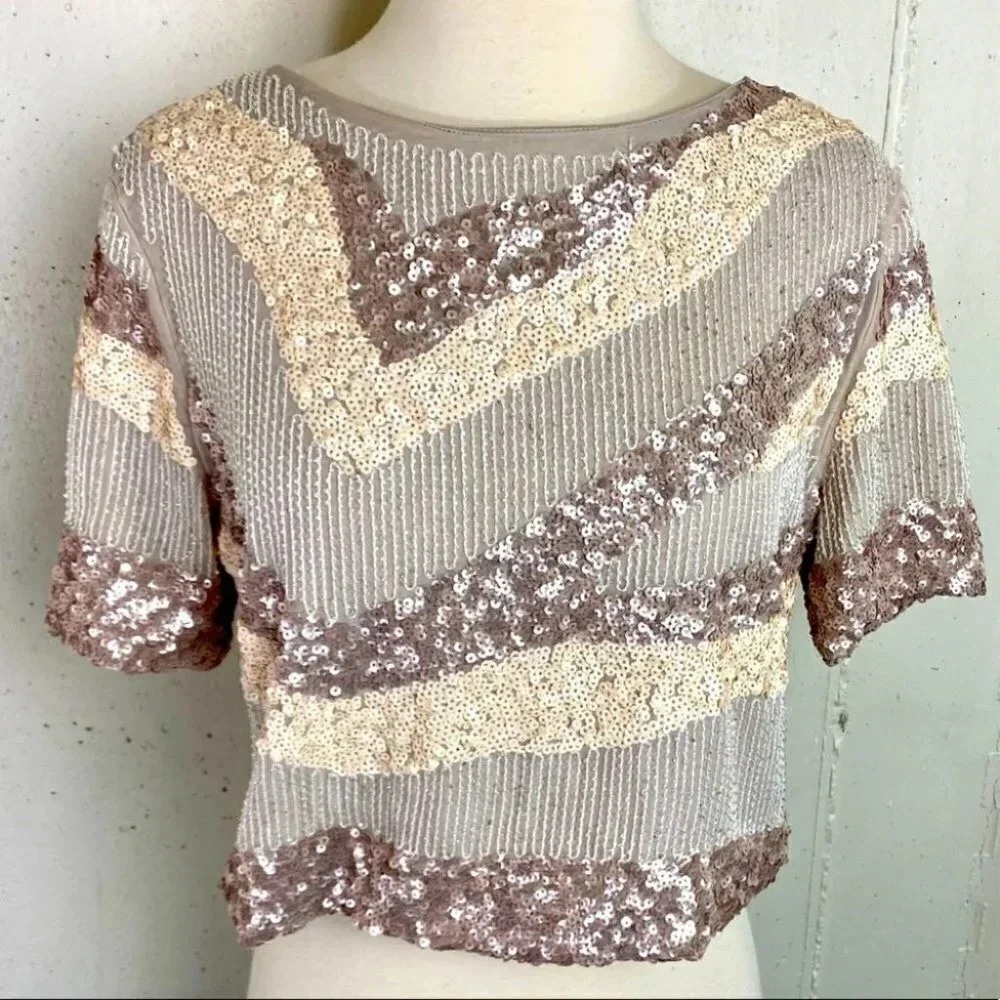H&M S blush/cream print sequined crop‎ top